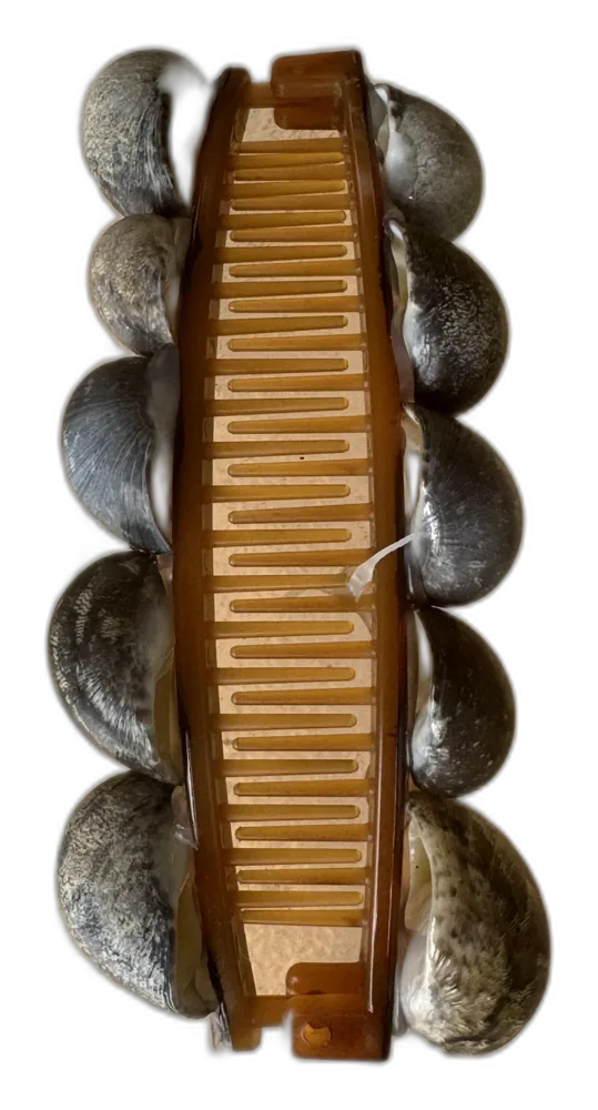 Amber banana clip lined with kūpeʻe shells